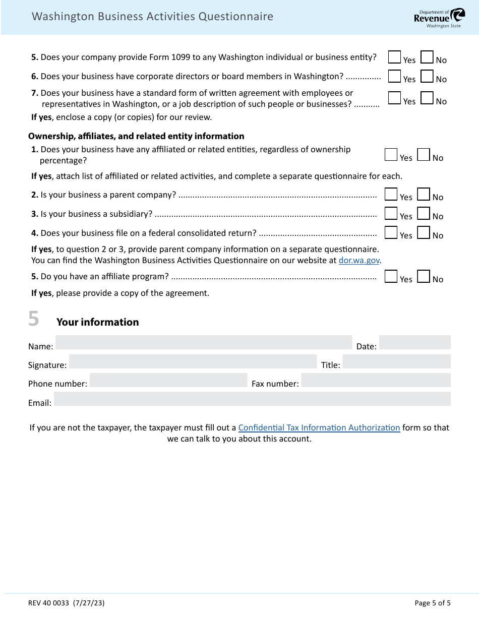 Form REV40 0033 Washington Business Activities Questionnaire - Washington, Page 5