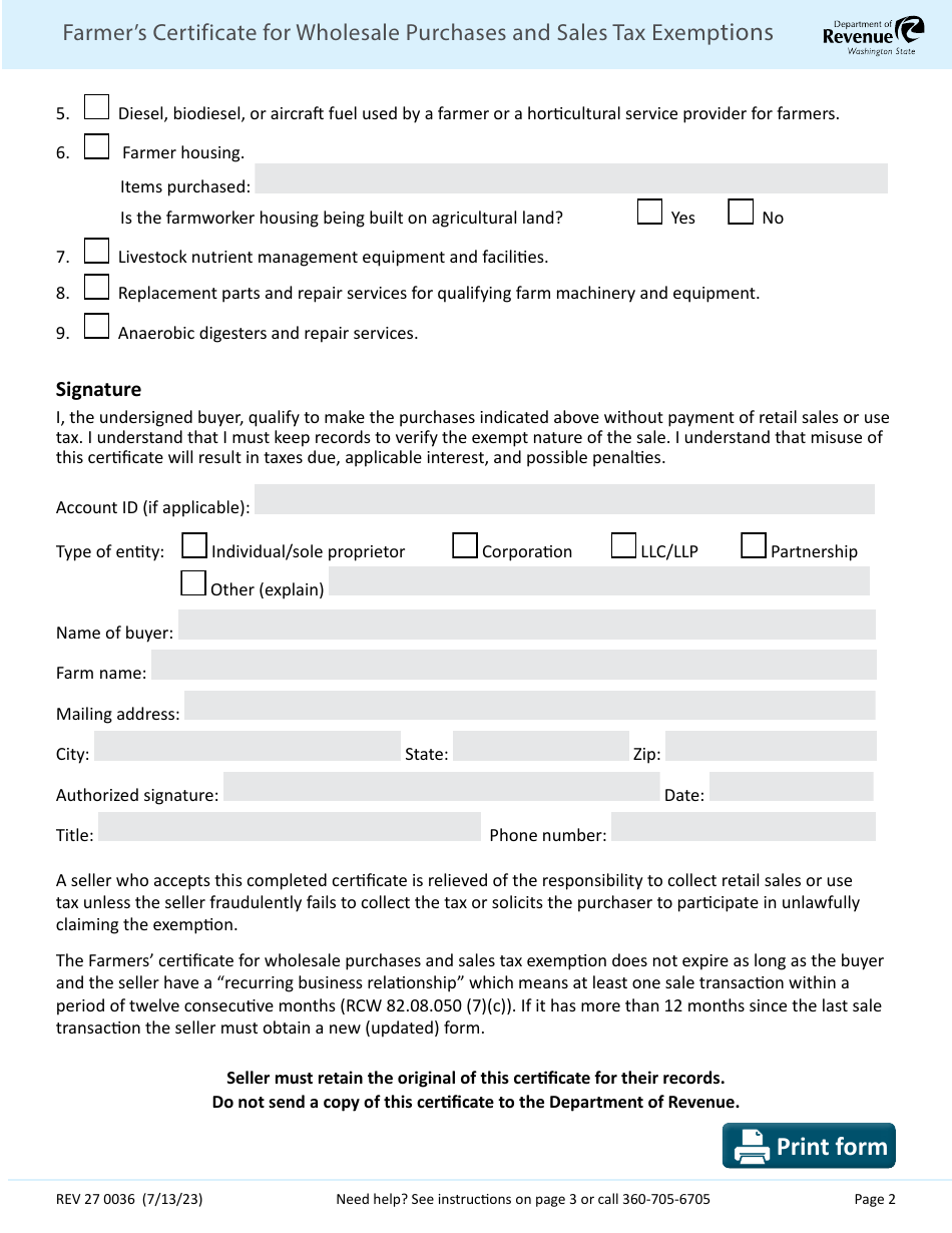 Form REV27 0036 Farmers Certificate for Wholesale Purchases and Sales Tax Exemptions - Washington, Page 2