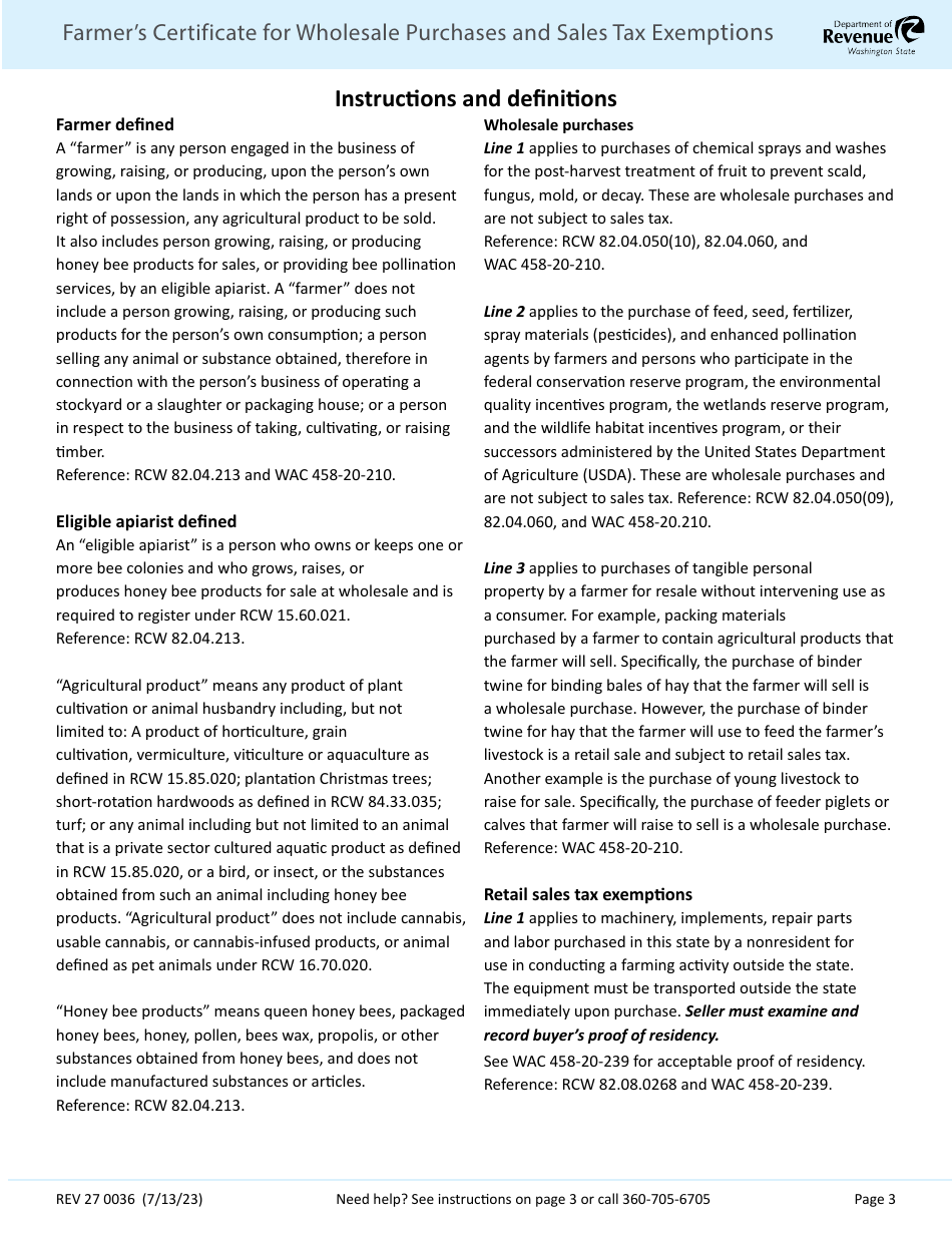 Form REV27 0036 Farmers Certificate for Wholesale Purchases and Sales Tax Exemptions - Washington, Page 3
