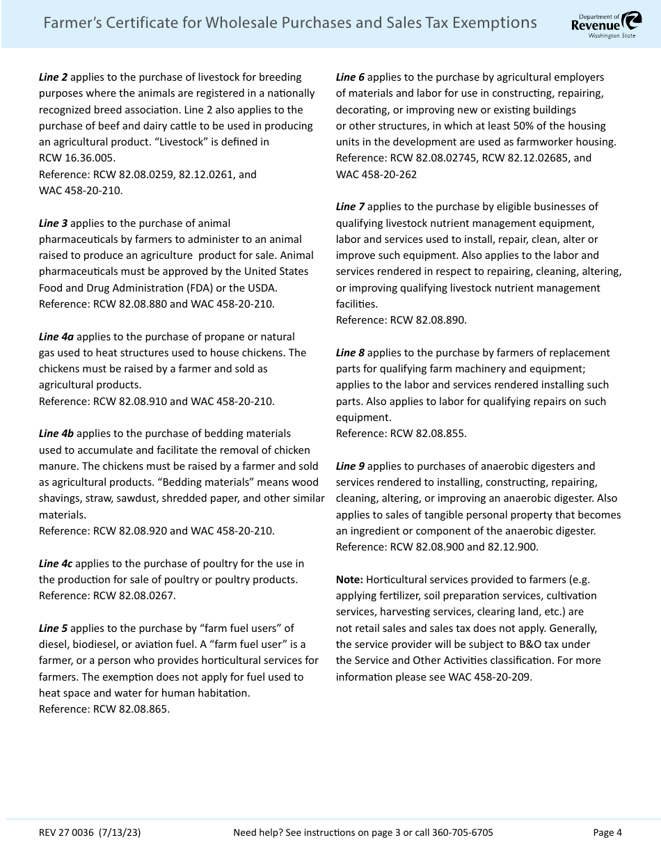 Form REV27 0036 Farmers Certificate for Wholesale Purchases and Sales Tax Exemptions - Washington, Page 4