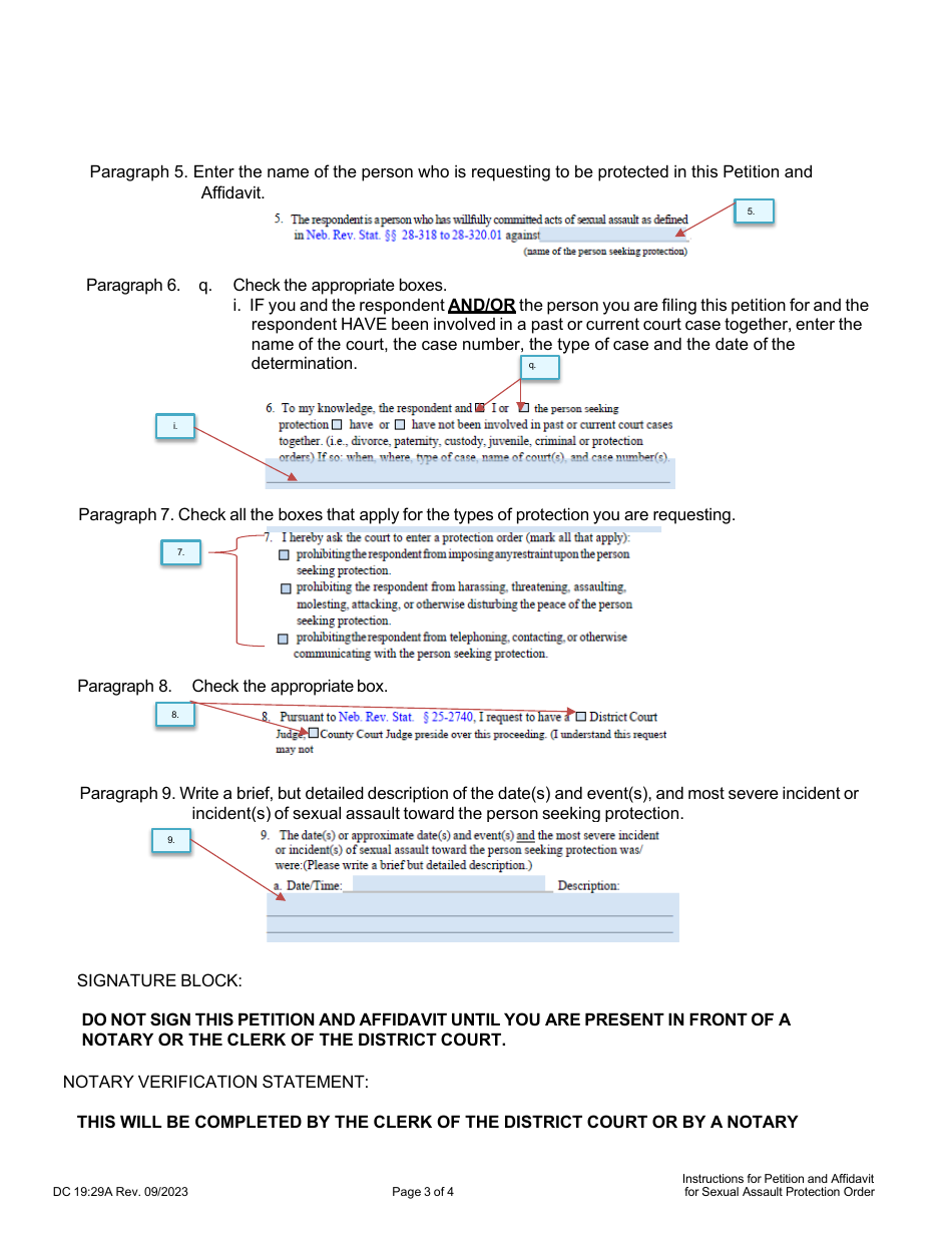 Instructions for Form DC19:29 Petition and Affidavit for Sexual Assault Protection Order. - Nebraska, Page 3