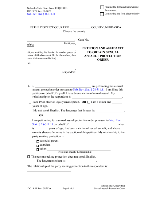 Form DC19:29 Petition and Affidavit to Obtain Sexual Assault Protection Order - Nebraska