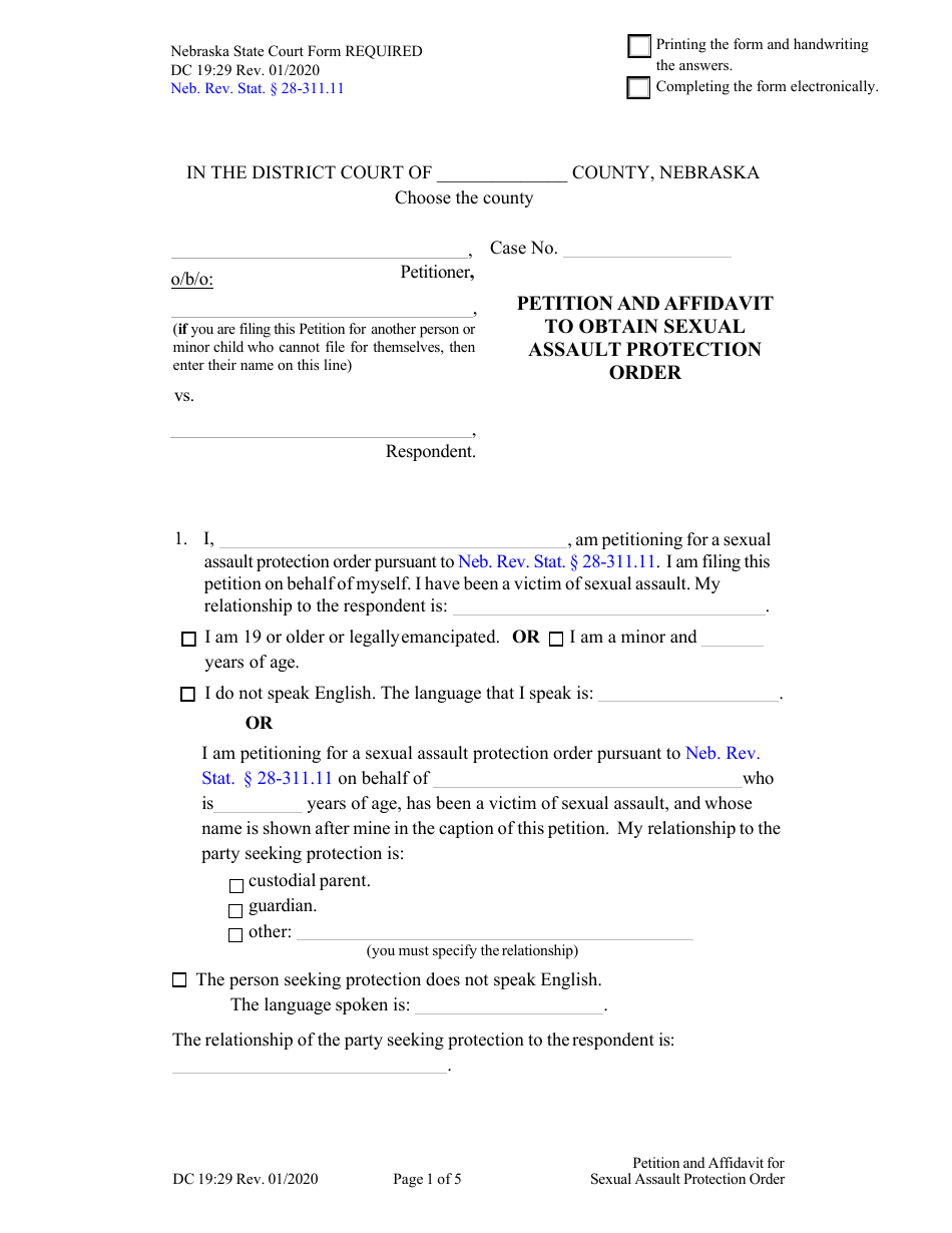 Form DC19:29 Petition and Affidavit to Obtain Sexual Assault Protection Order - Nebraska, Page 1