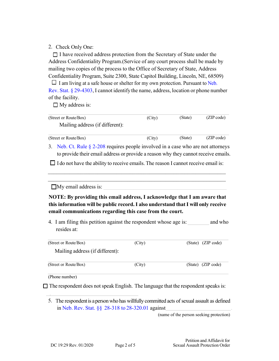 Form DC19:29 Petition and Affidavit to Obtain Sexual Assault Protection Order - Nebraska, Page 2