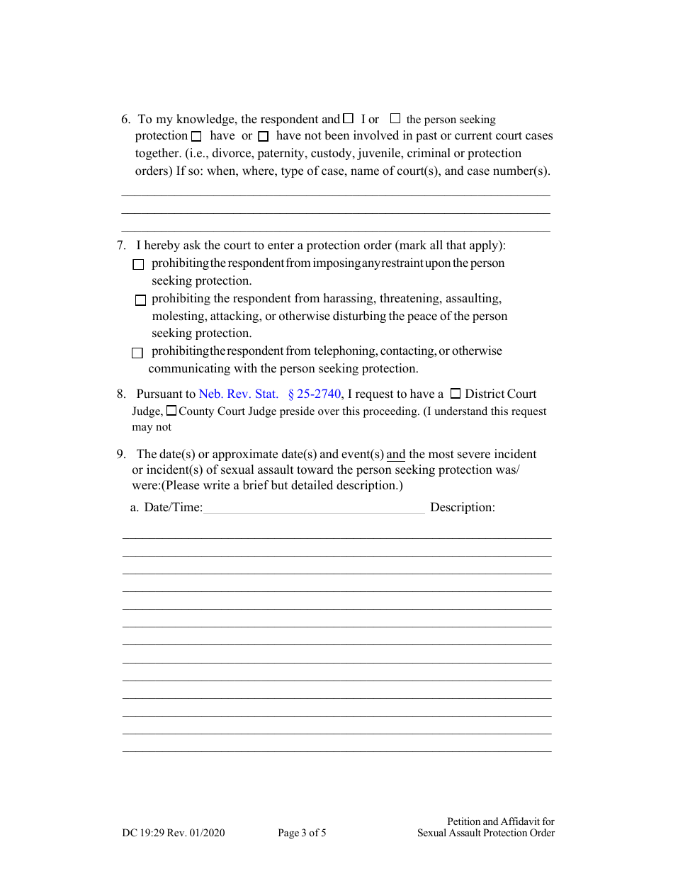 Form DC19:29 Petition and Affidavit to Obtain Sexual Assault Protection Order - Nebraska, Page 3
