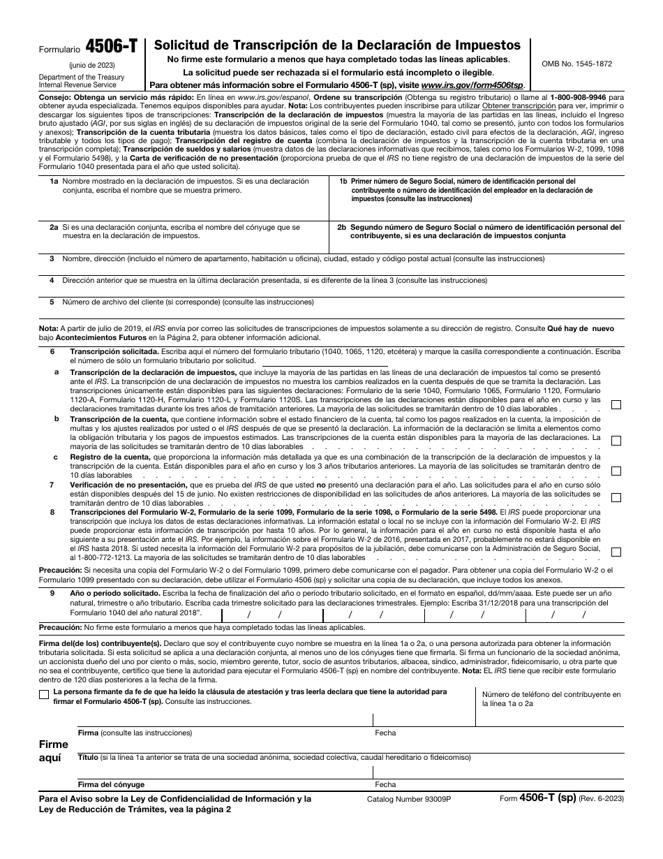 IRS Formulario 4506-T (SP) Solicitud De Transcripcion De La Declaracion De Impuestos (Spanish), Page 1