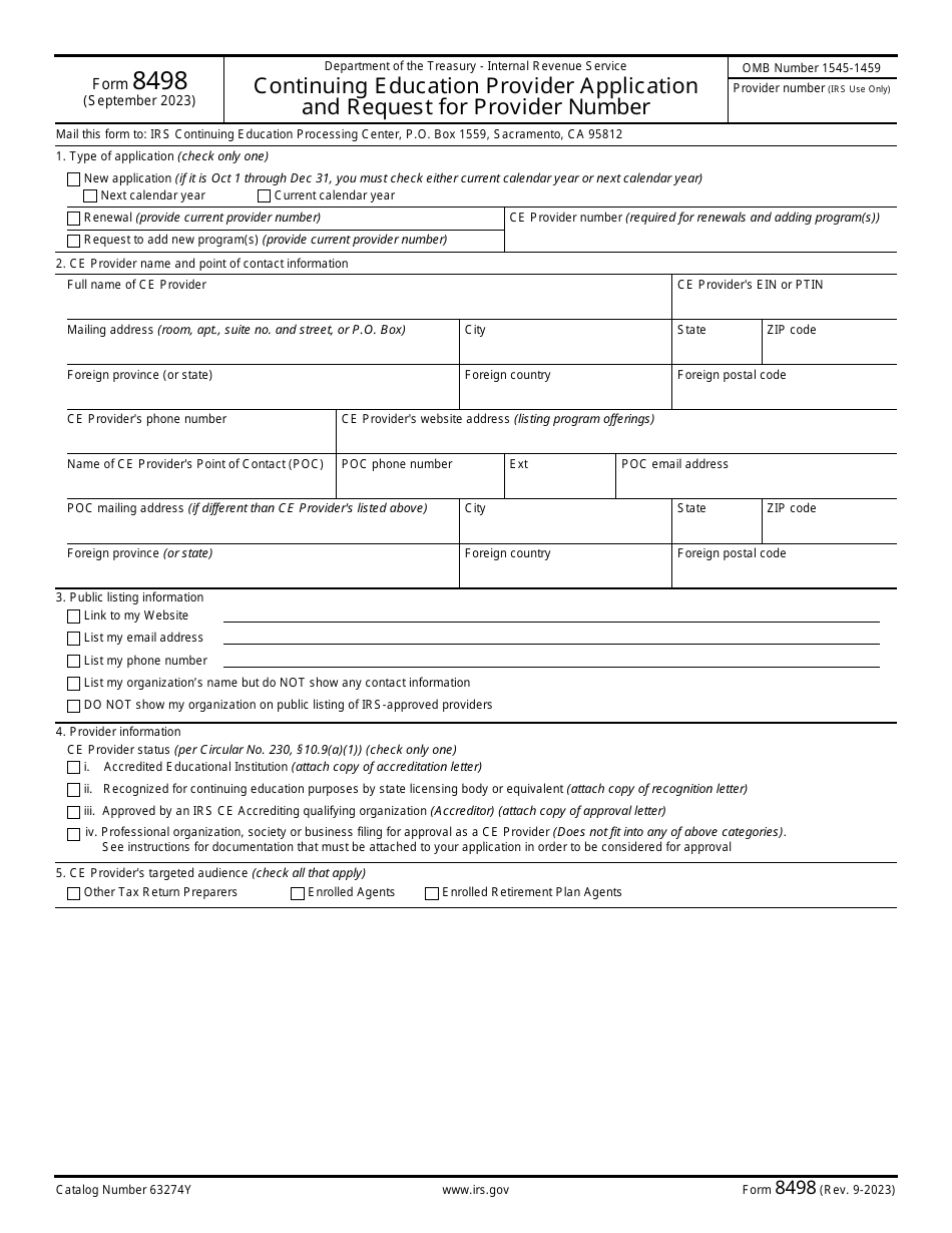 IRS Form 8498 Continuing Education Provider Application and Request for Provider Number, Page 1