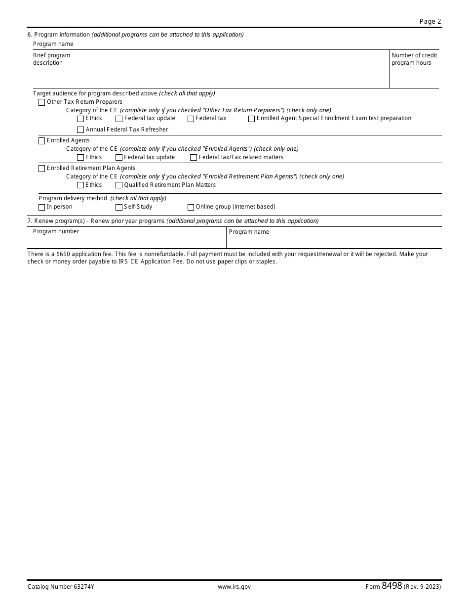 IRS Form 8498 Continuing Education Provider Application and Request for Provider Number, Page 2