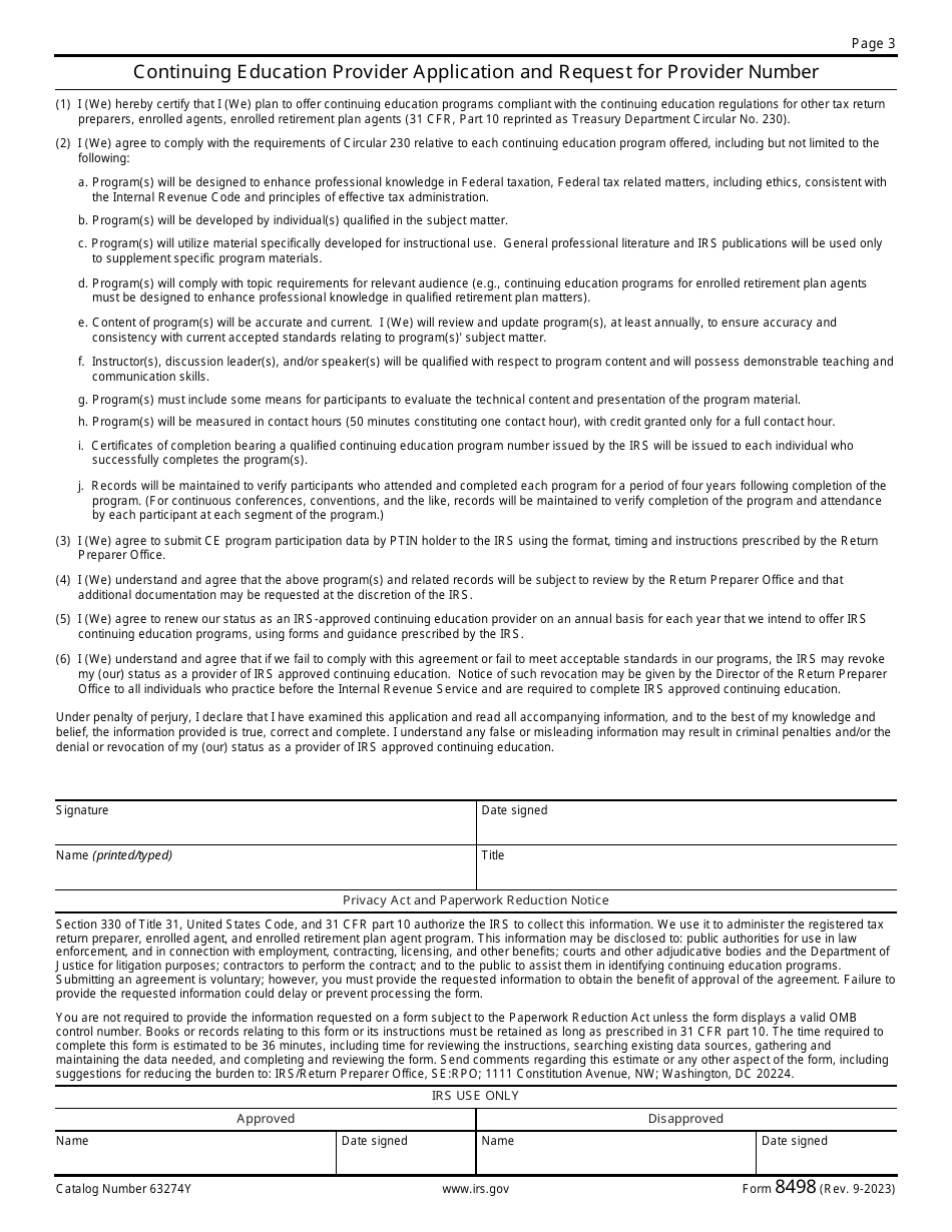 IRS Form 8498 Continuing Education Provider Application and Request for Provider Number, Page 3