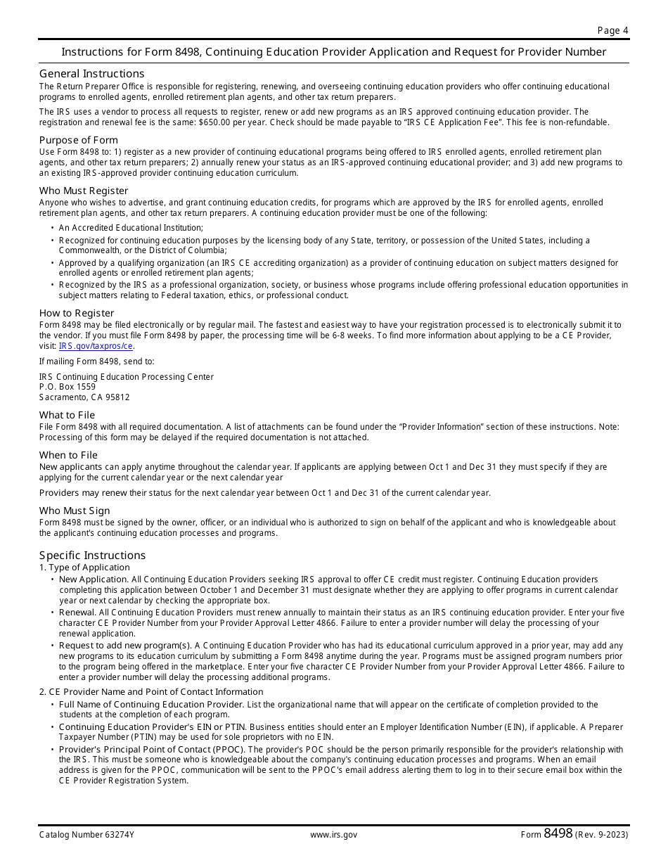 IRS Form 8498 Continuing Education Provider Application and Request for Provider Number, Page 4
