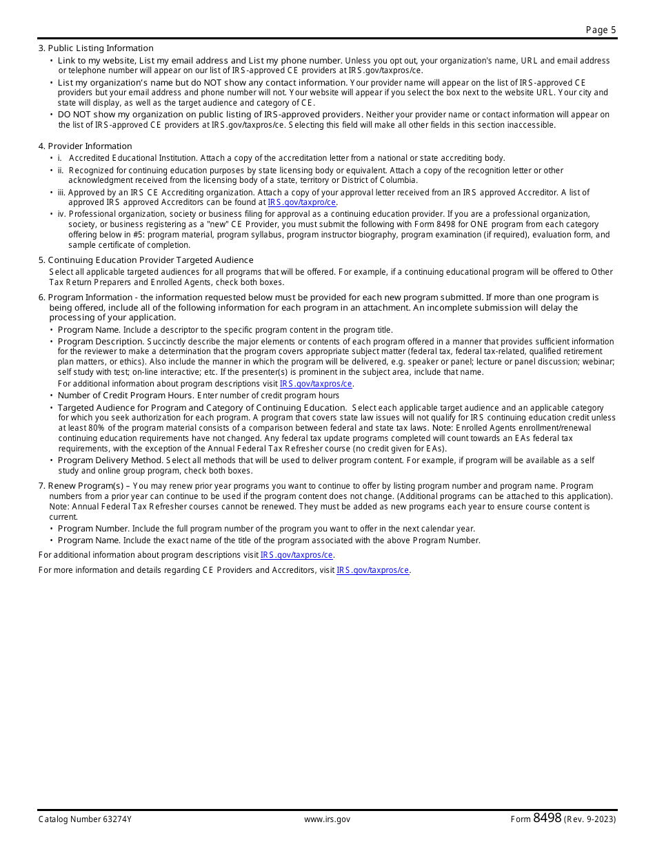 IRS Form 8498 Continuing Education Provider Application and Request for Provider Number, Page 5