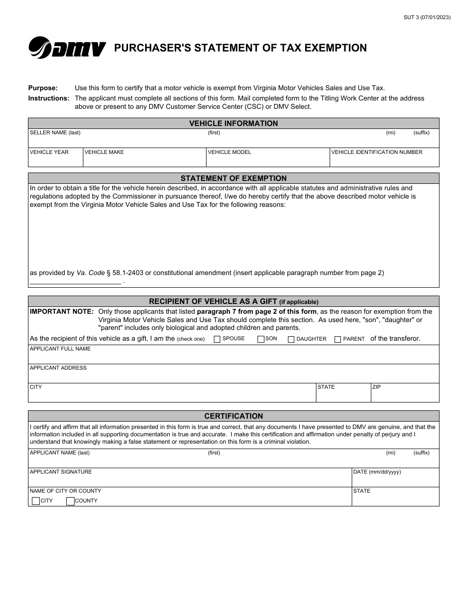 Form SUT3 Purchasers Statement of Tax Exemption - Virginia, Page 1
