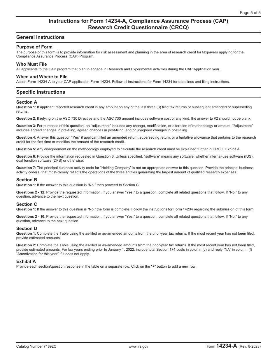 IRS Form 14234-A Compliance Assurance Process (CAP) Research Credit Questionnaire (Crcq), Page 5