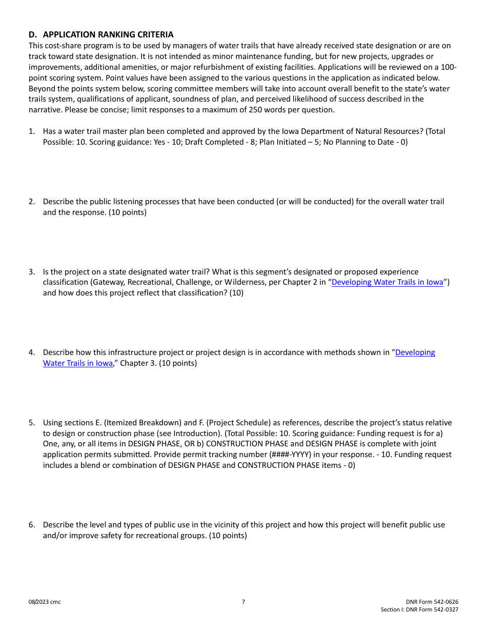 DNR Form 542-0626 (542-0327) Section I Cost-Share Application - Water Trails Program - Iowa, Page 7
