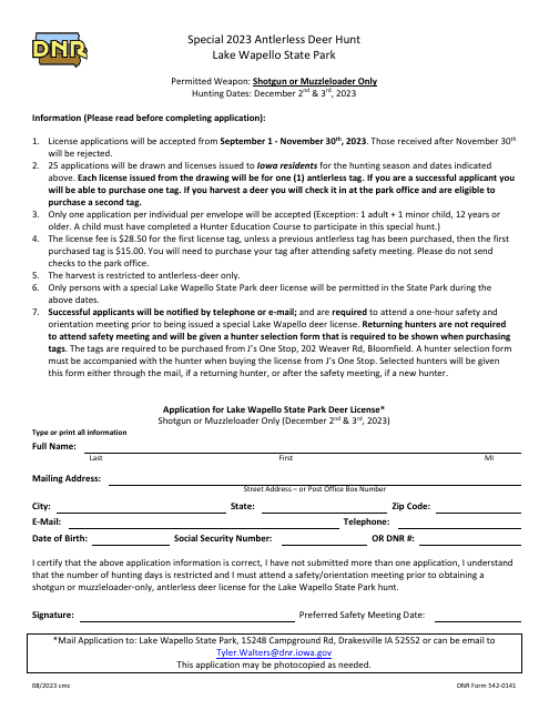 DNR Form 542-0141 Application for Lake Wapello State Park Deer License - Iowa, 2023
