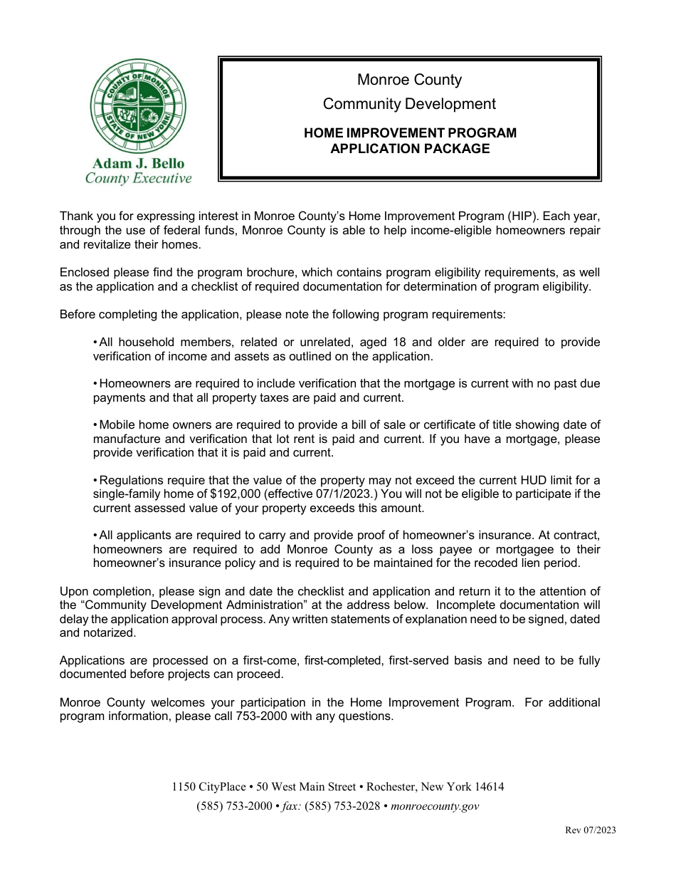 Monroe County, New York Home Improvement Program (Hip) Application