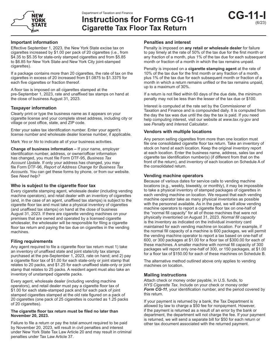 Instructions for Form CG-11 Cigarette Tax Floor Tax Return - New York, Page 1