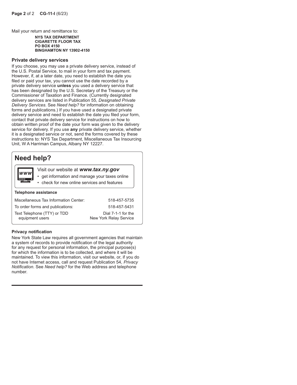 Instructions for Form CG-11 Cigarette Tax Floor Tax Return - New York, Page 2