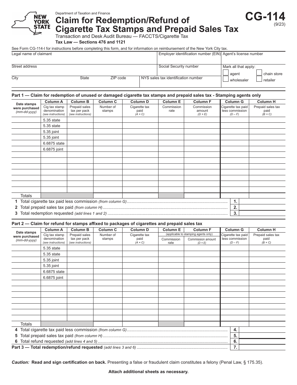 Form CG-114 Claim for Redemption / Refund of Cigarette Tax Stamps and Prepaid Sales Tax - New York, Page 1