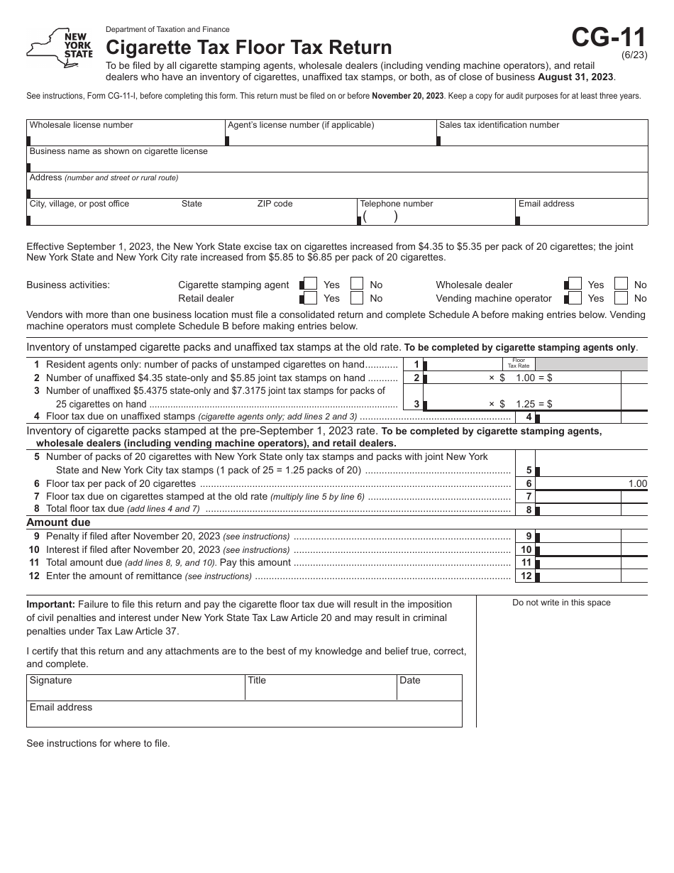 Form CG-11 Cigarette Tax Floor Tax Return - New York, Page 1