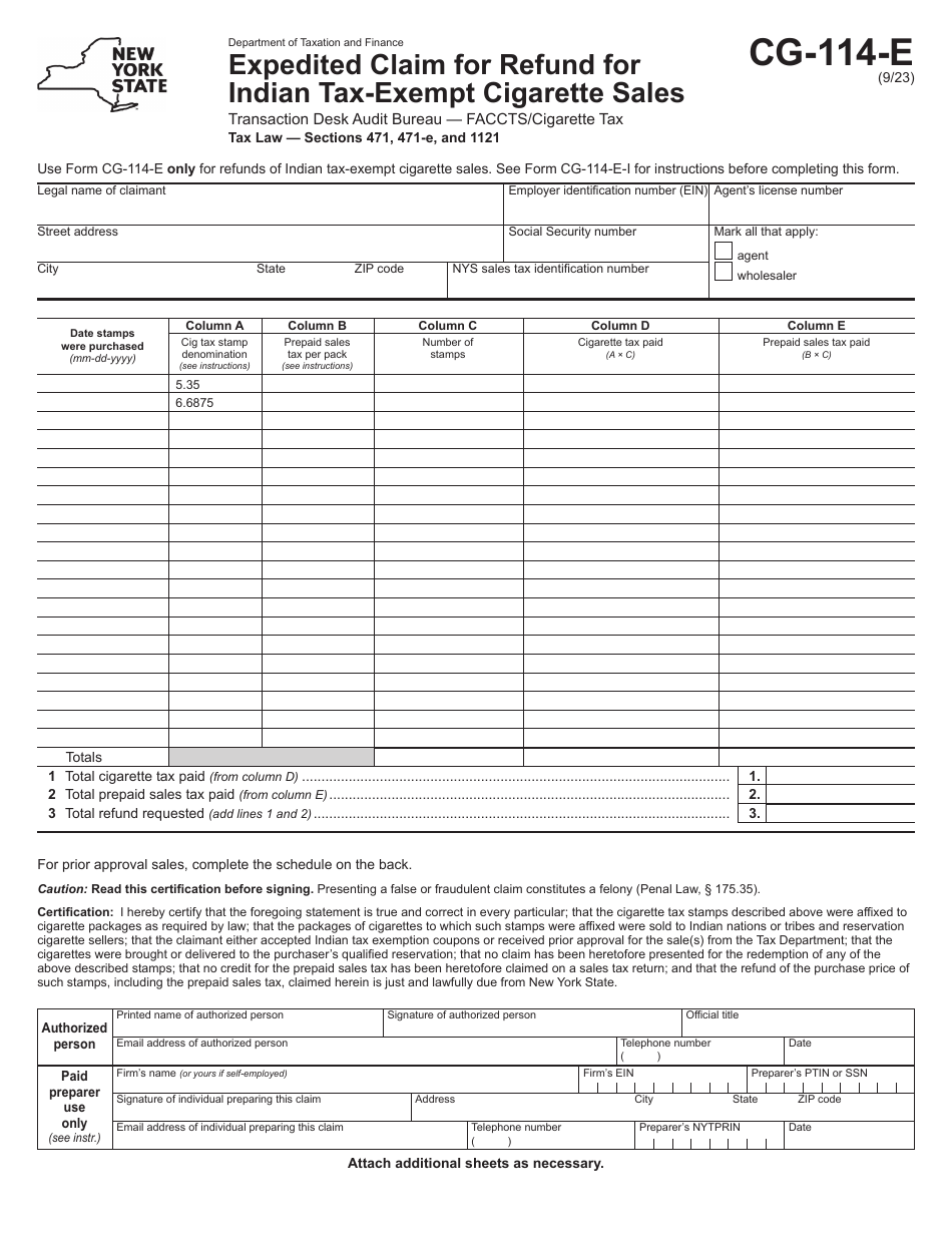 Form CG-114-E Expedited Claim for Refund for Indian Tax-Exempt Cigarette Sales - New York, Page 1