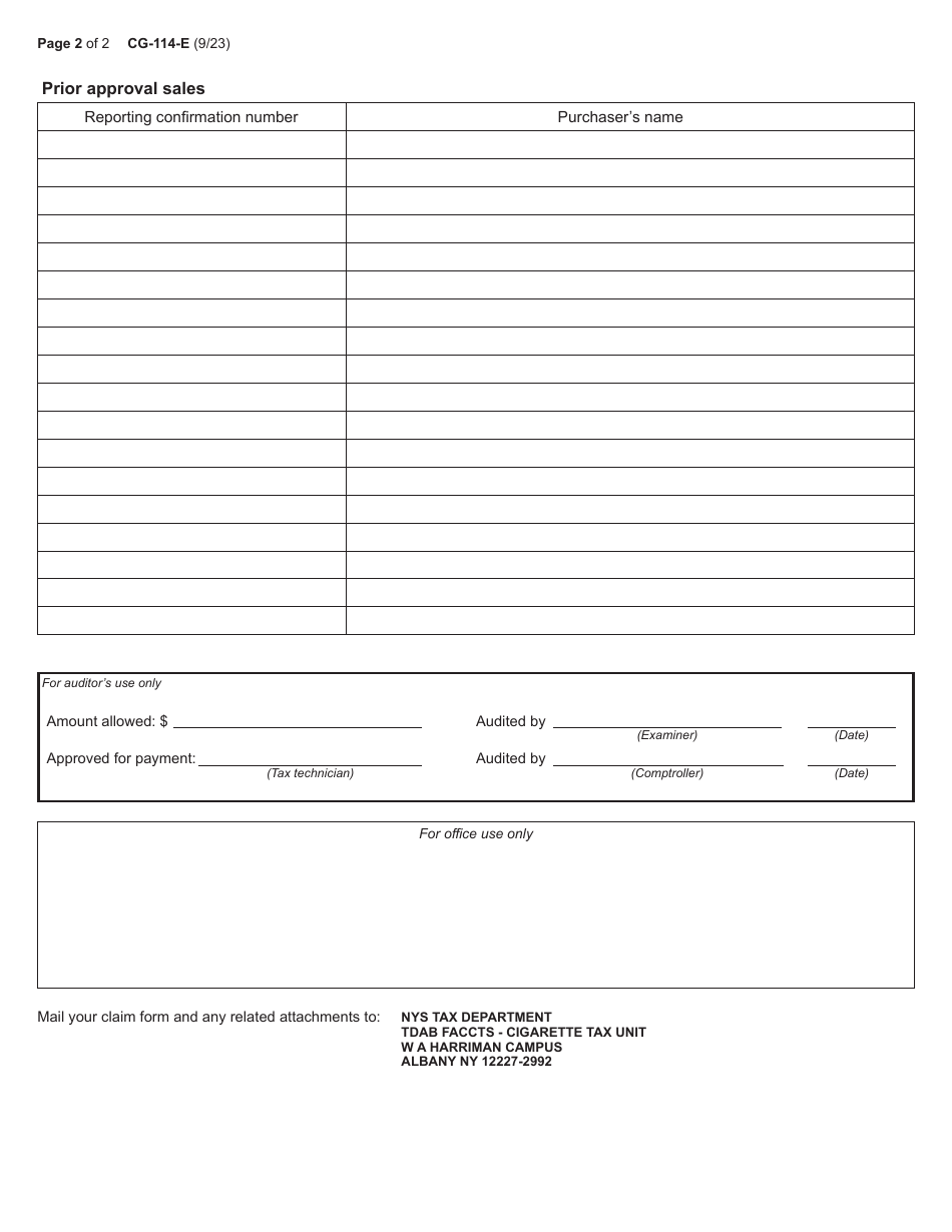 Form CG-114-E Expedited Claim for Refund for Indian Tax-Exempt Cigarette Sales - New York, Page 2