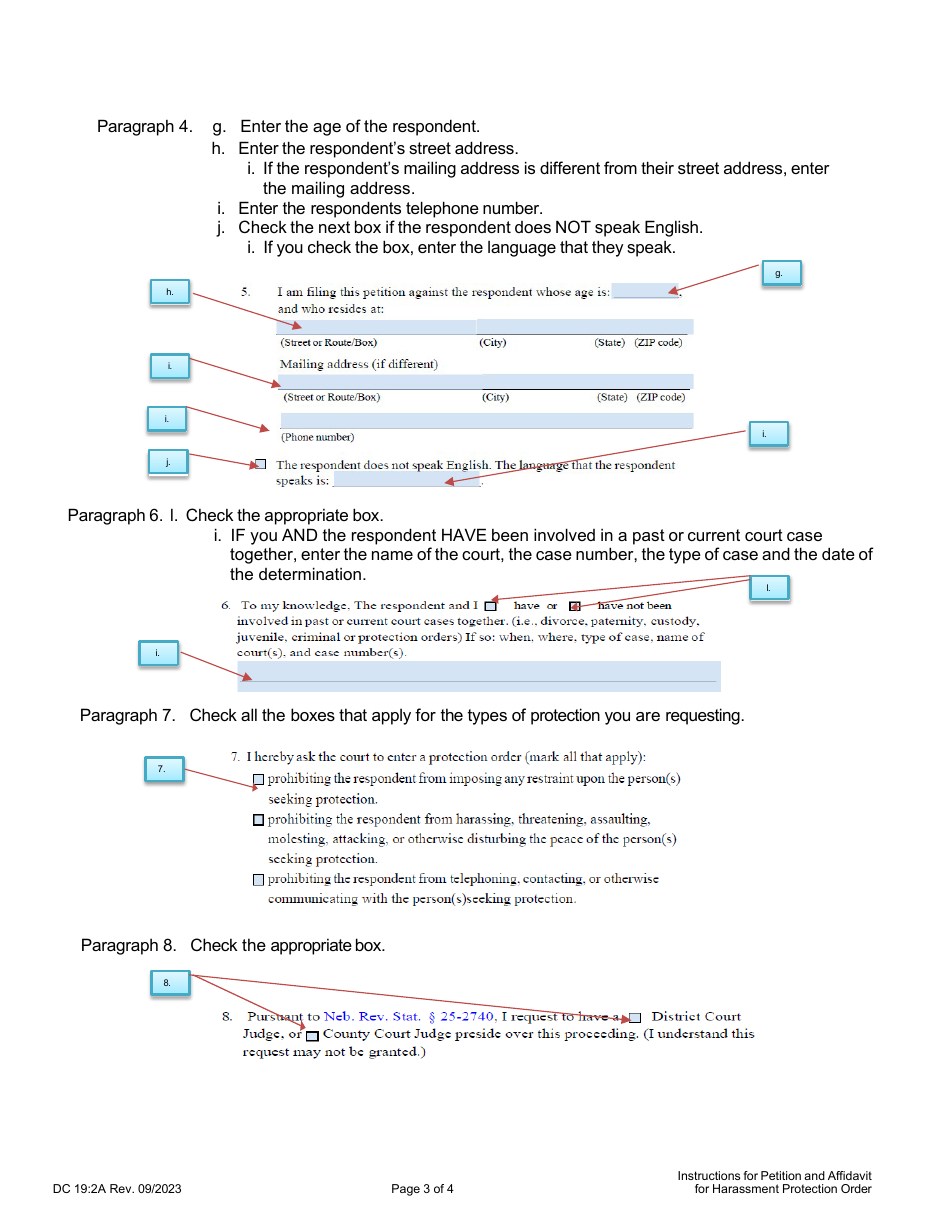 Instructions for Form DC19:2 Petition and Affidavit to Obtain Harassment Protection Order - Nebraska, Page 3