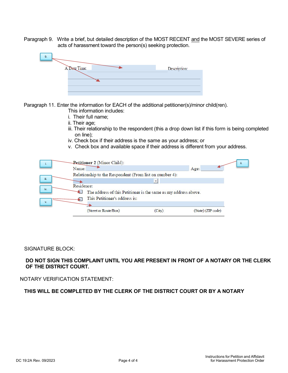 Instructions for Form DC19:2 Petition and Affidavit to Obtain Harassment Protection Order - Nebraska, Page 4