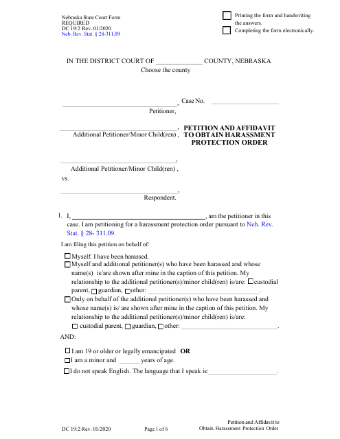 Form DC19:2 Petition and Affidavit to Obtain Harassment Protection Order - Nebraska
