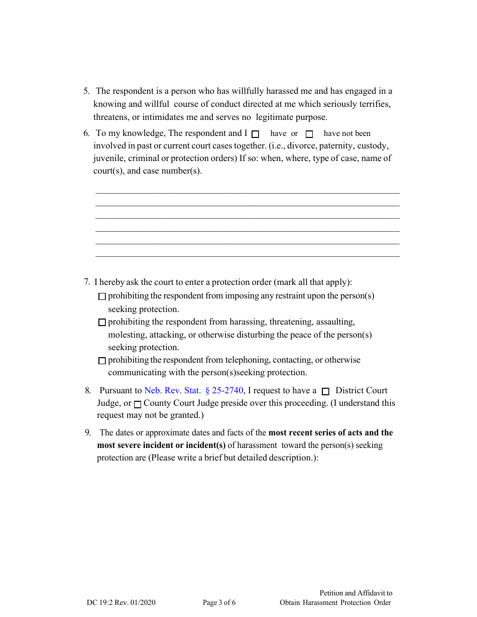 Form DC19:2 Petition and Affidavit to Obtain Harassment Protection Order - Nebraska, Page 3