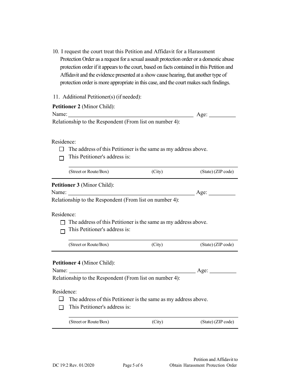 Form DC19:2 Petition and Affidavit to Obtain Harassment Protection Order - Nebraska, Page 5
