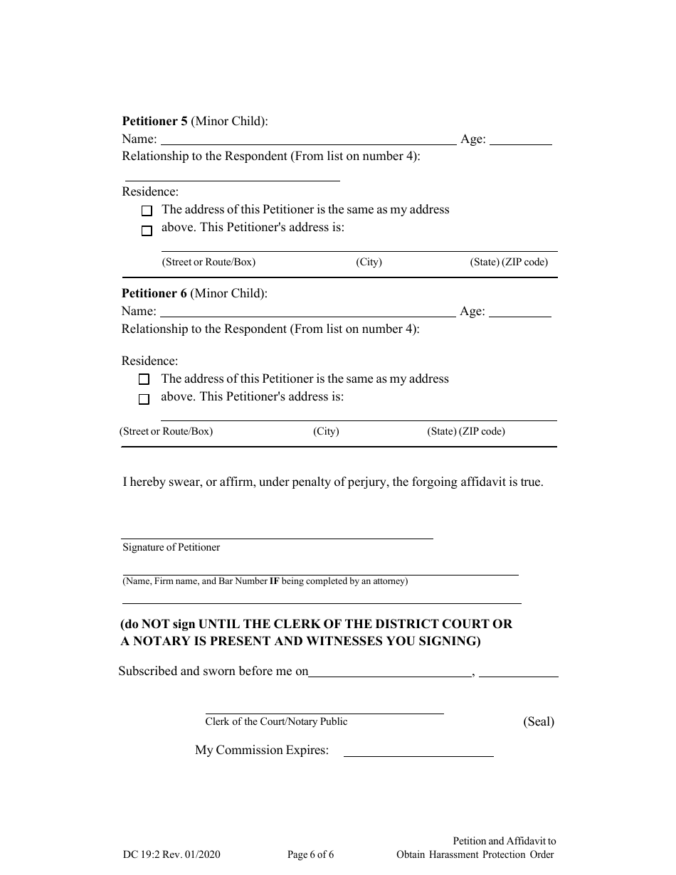 Form DC19:2 Petition and Affidavit to Obtain Harassment Protection Order - Nebraska, Page 6