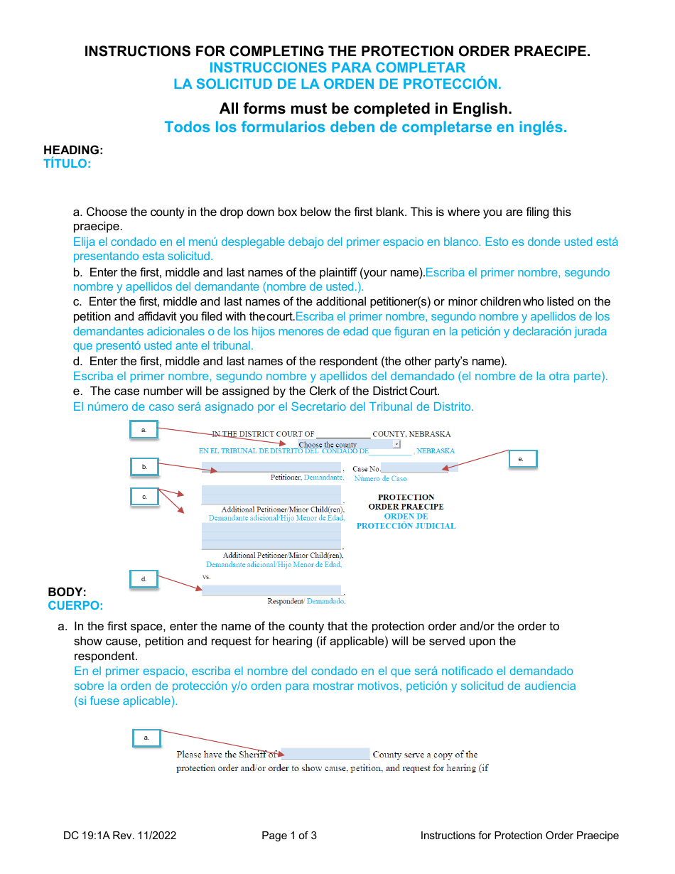 Instructions for Form DC19:1 Protection Order Praecipe - Nebraska (English / Spanish), Page 1
