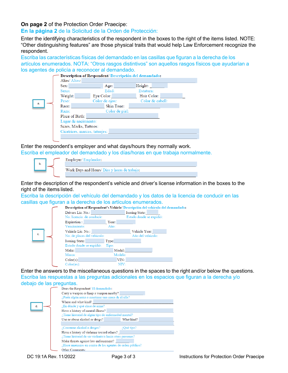 Instructions for Form DC19:1 Protection Order Praecipe - Nebraska (English / Spanish), Page 3