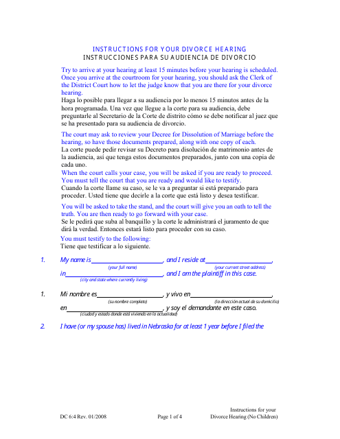Form DC6:4 Instructions for Divorce Hearing - No Children - Nebraska (English/Spanish)