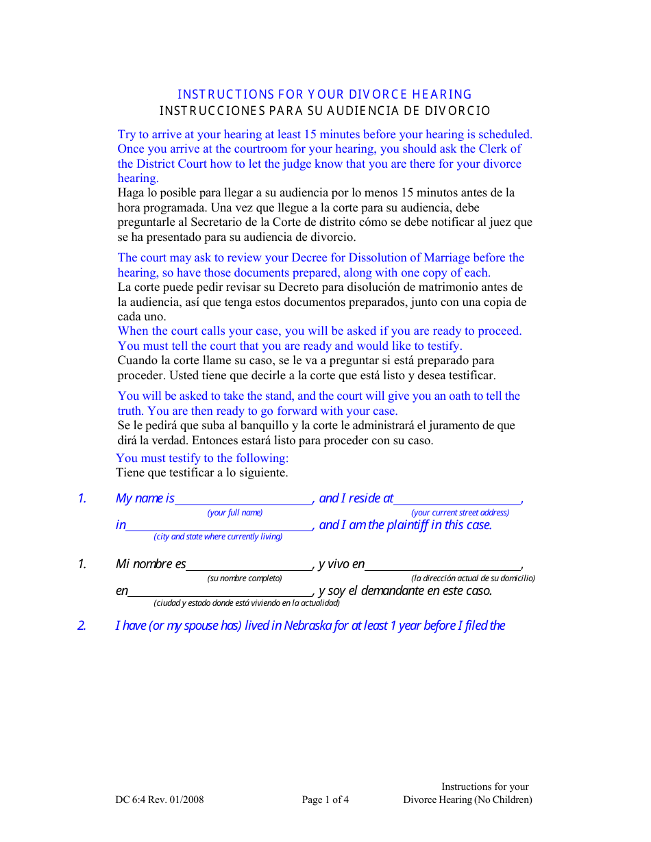 Form DC6:4 Instructions for Divorce Hearing - No Children - Nebraska (English / Spanish), Page 1