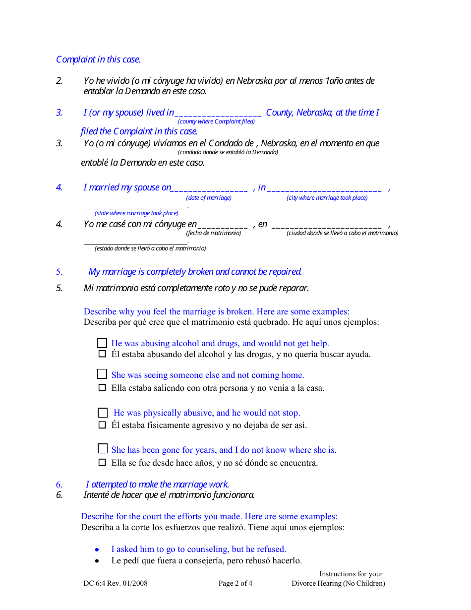 Form DC6:4 Instructions for Divorce Hearing - No Children - Nebraska (English / Spanish), Page 2