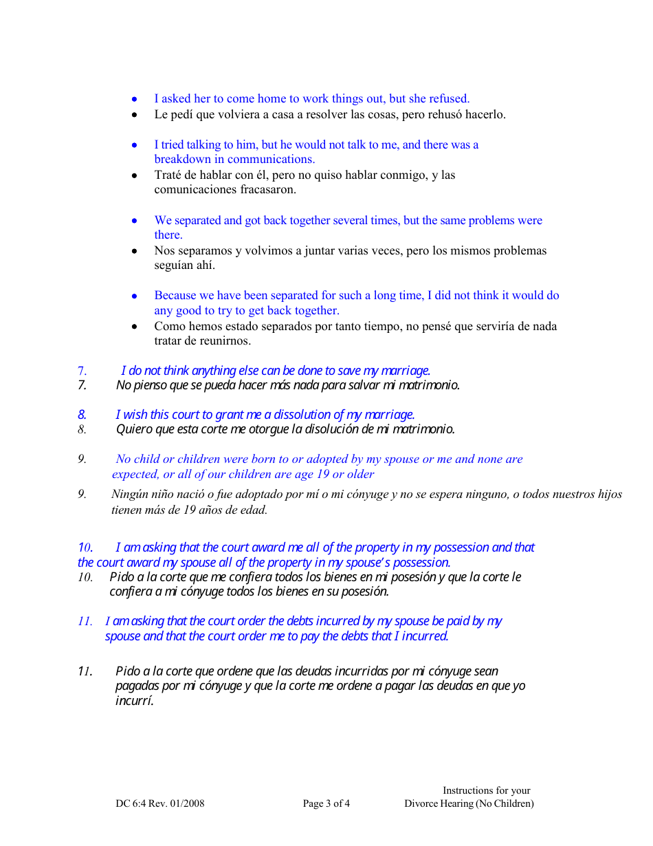 Form DC6:4 Instructions for Divorce Hearing - No Children - Nebraska (English / Spanish), Page 3