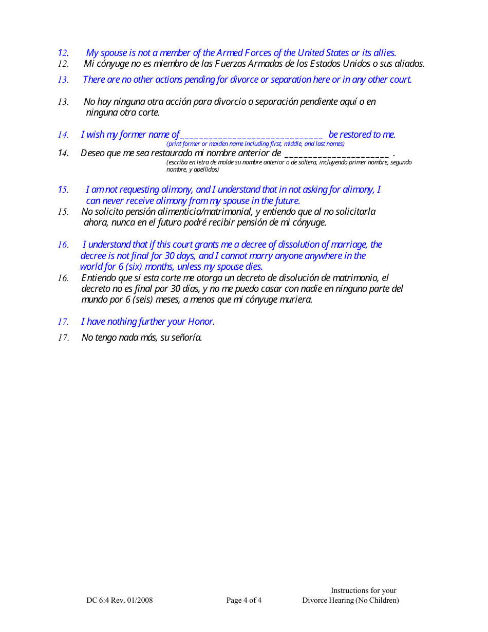 Form DC6:4 Instructions for Divorce Hearing - No Children - Nebraska (English / Spanish), Page 4