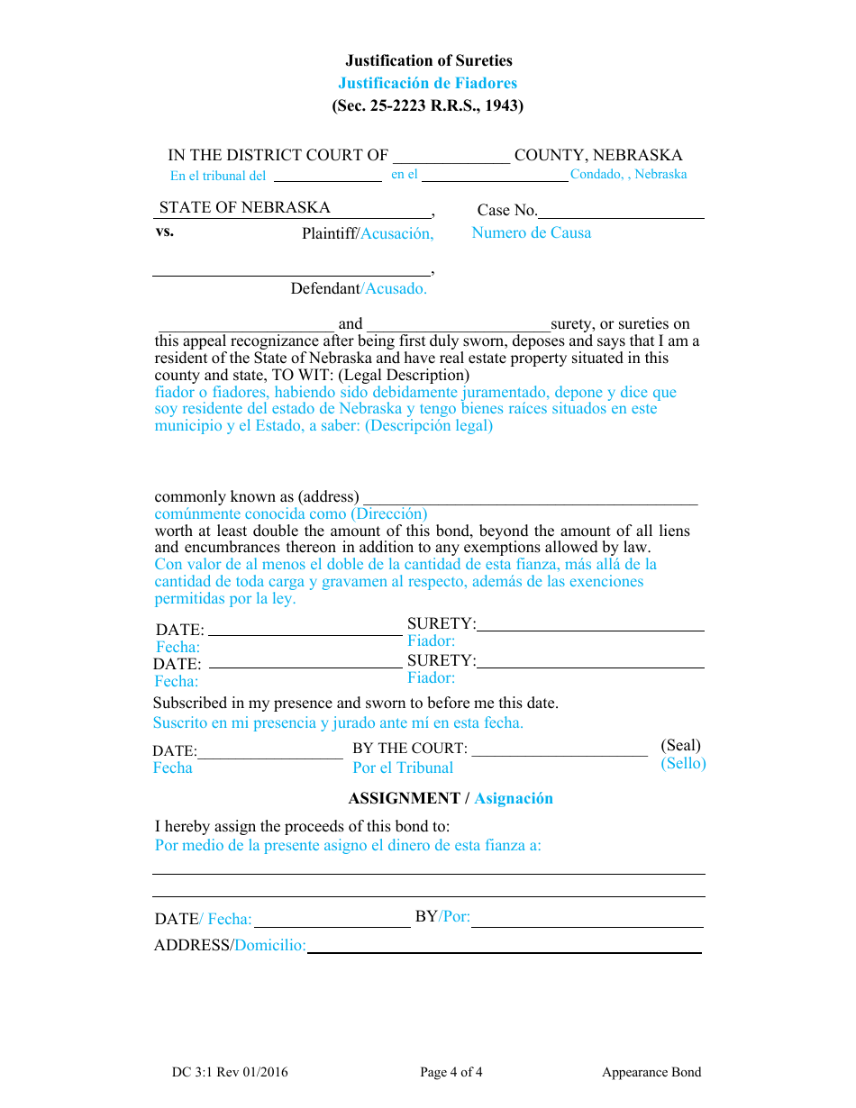 Form DC3:1 Appearance Bond - Nebraska (English / Spanish), Page 4
