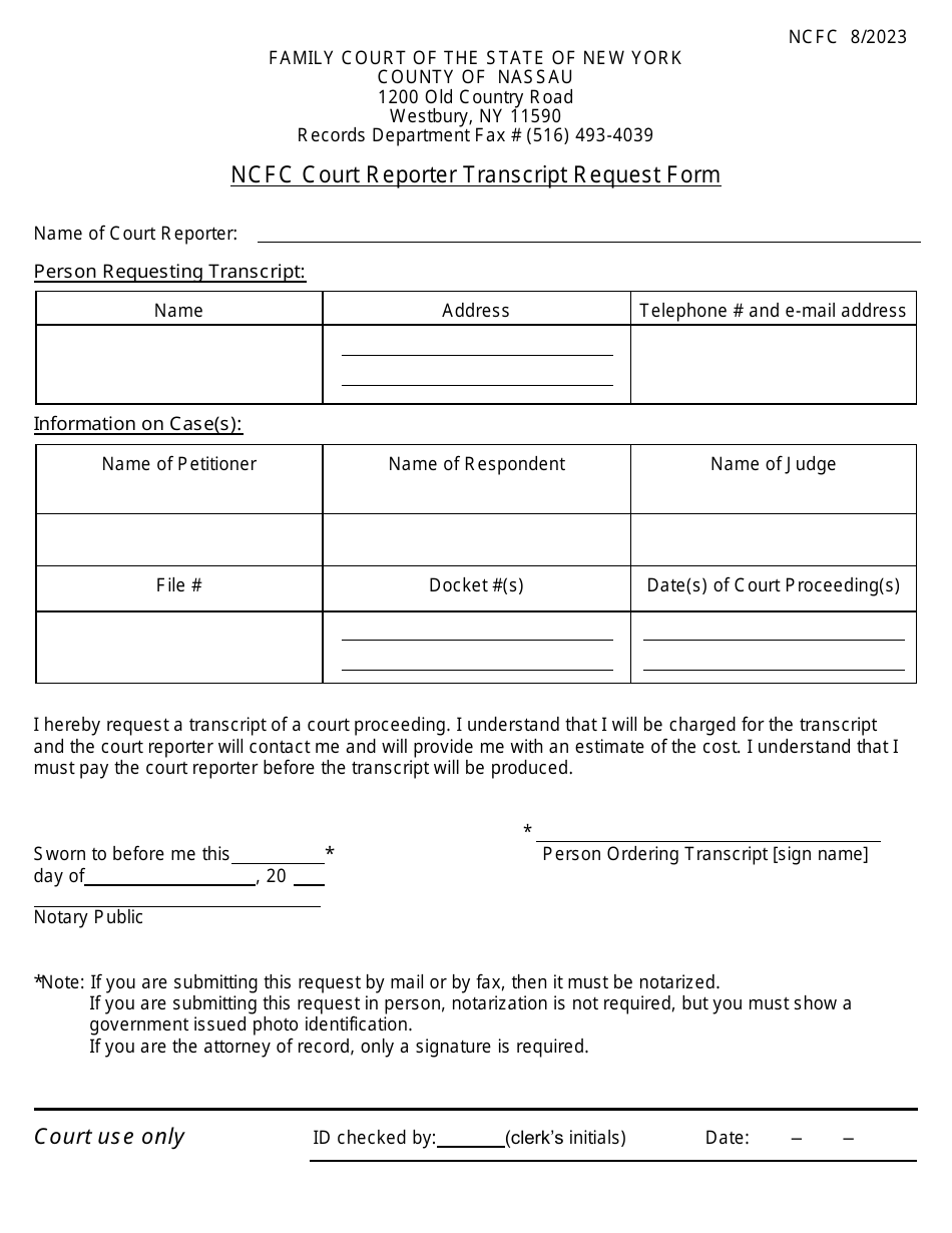 Ncfc Court Reporter Transcript Request Form - New York, Page 1