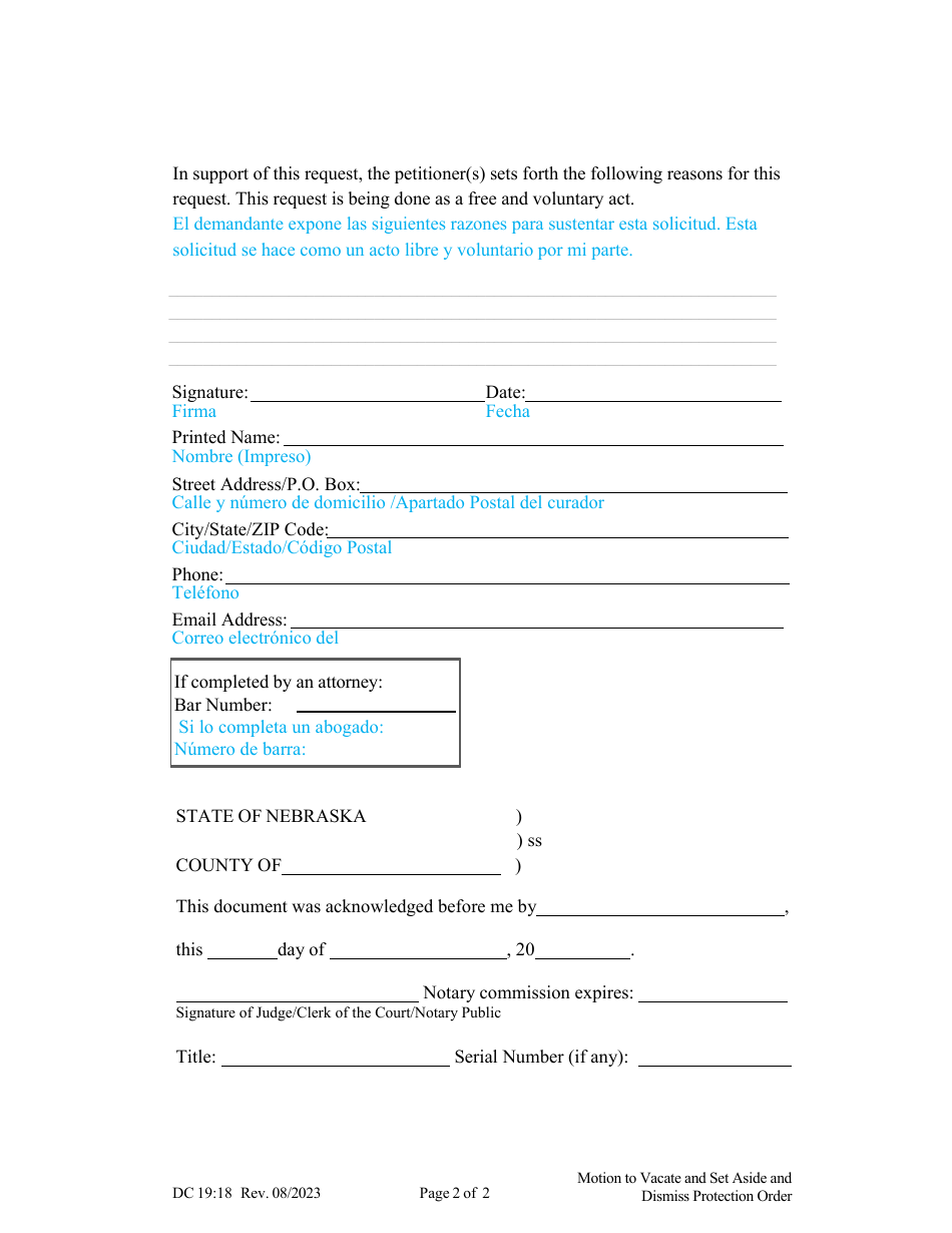 Form DC19:18 Motion to Vacate and Set Aside and Dismiss Protection Order - Nebraska (English / Spanish), Page 2