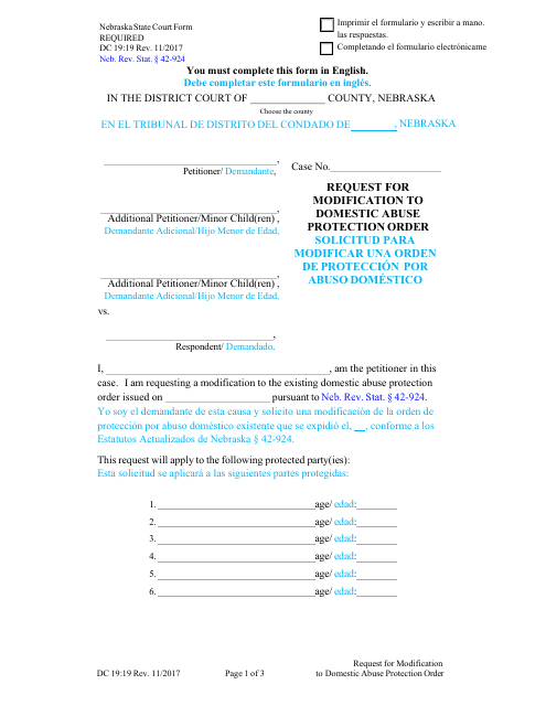 Form DC19:19 Request for Modification to Domestic Abuse Protection Order - Nebraska (English/Spanish)