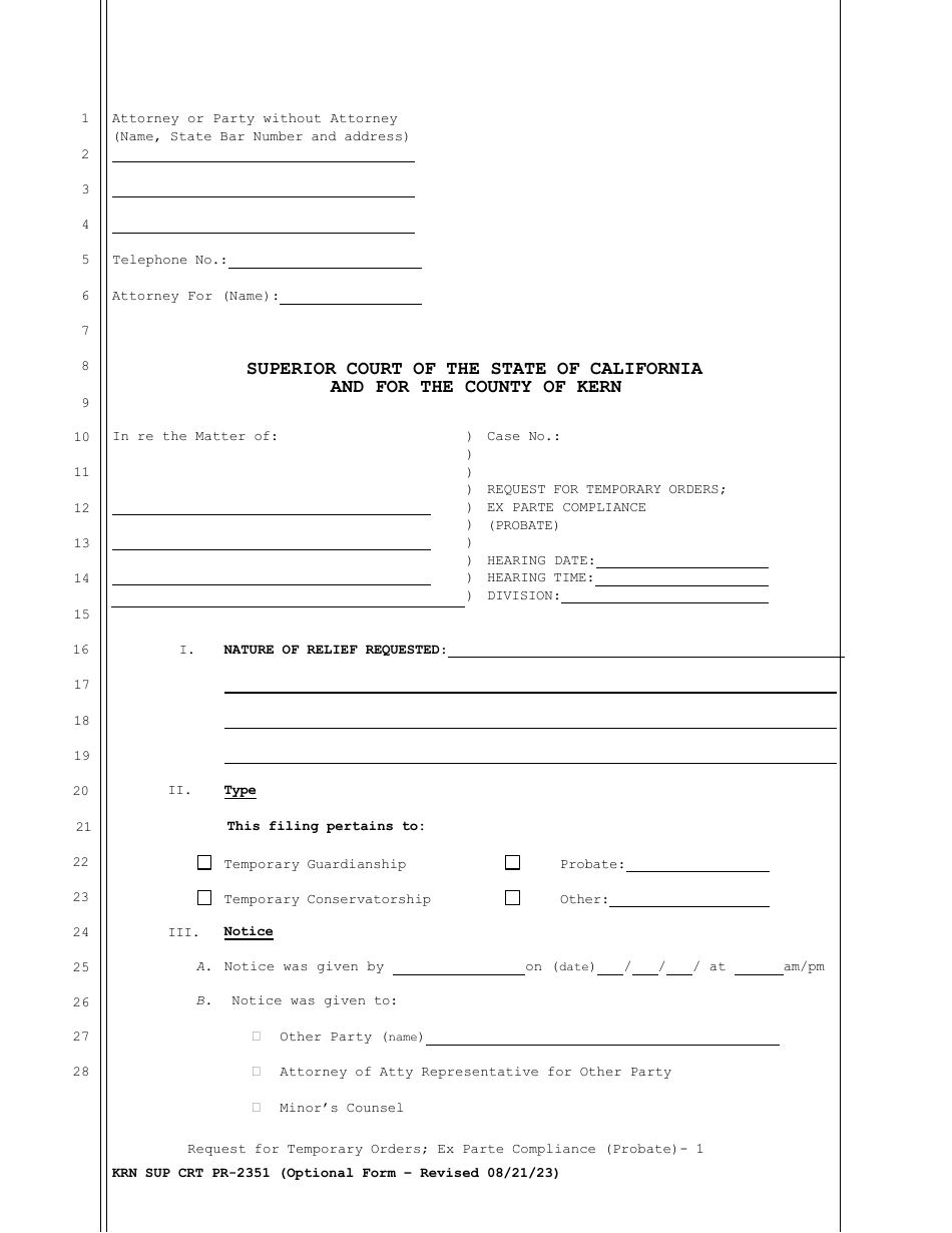 Form KRN SUP CRT PR-2351 Request for Temporary Orders Ex Parte Compliance (Probate) - County of Kern, California, Page 1