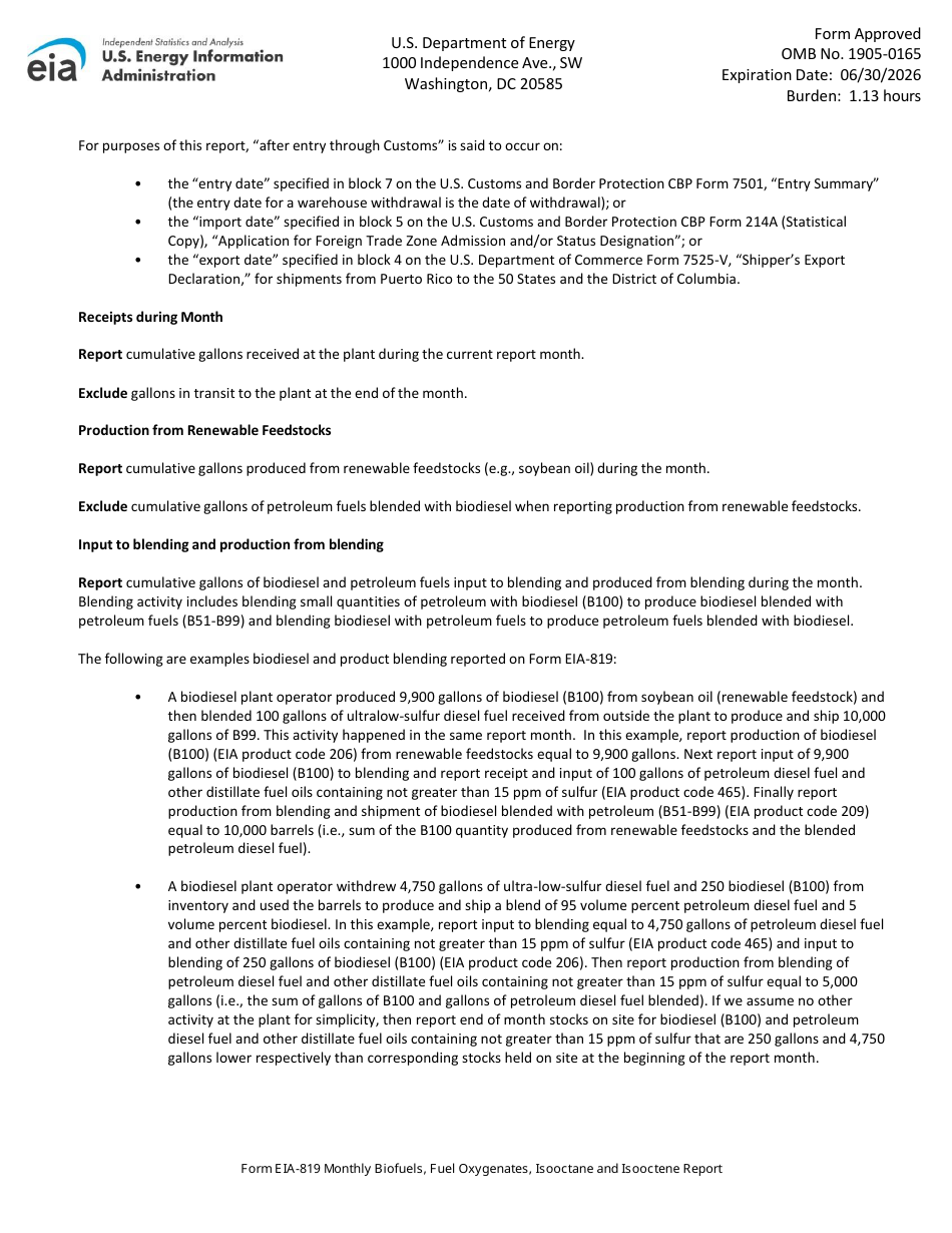 Instructions for Form EIA-819 Monthly Biofuels, Fuel Oxygenates, Isooctane and Isooctene Report, Page 10