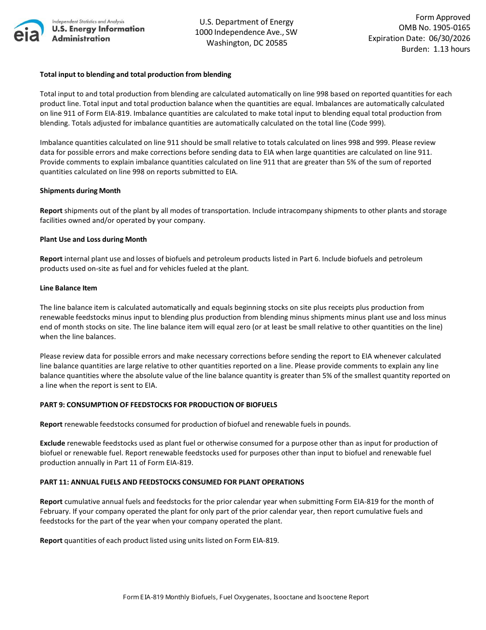 Instructions for Form EIA-819 Monthly Biofuels, Fuel Oxygenates, Isooctane and Isooctene Report, Page 11