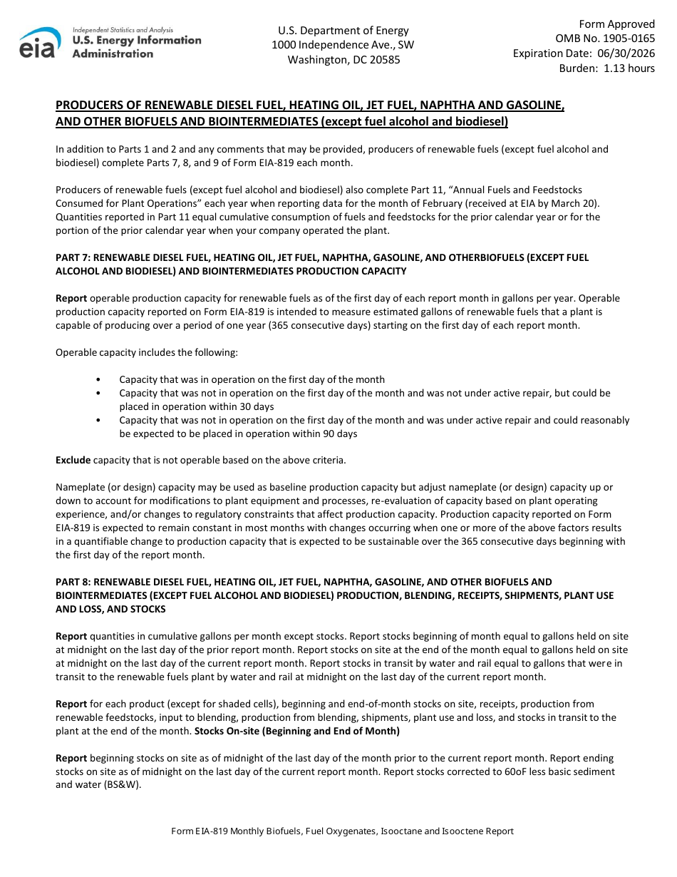 Instructions for Form EIA-819 Monthly Biofuels, Fuel Oxygenates, Isooctane and Isooctene Report, Page 12