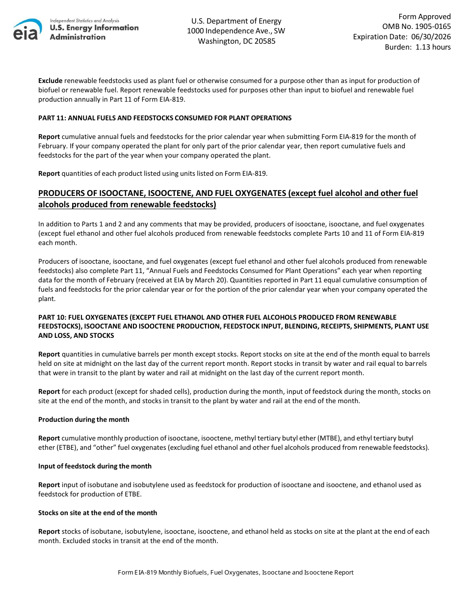 Instructions for Form EIA-819 Monthly Biofuels, Fuel Oxygenates, Isooctane and Isooctene Report, Page 15