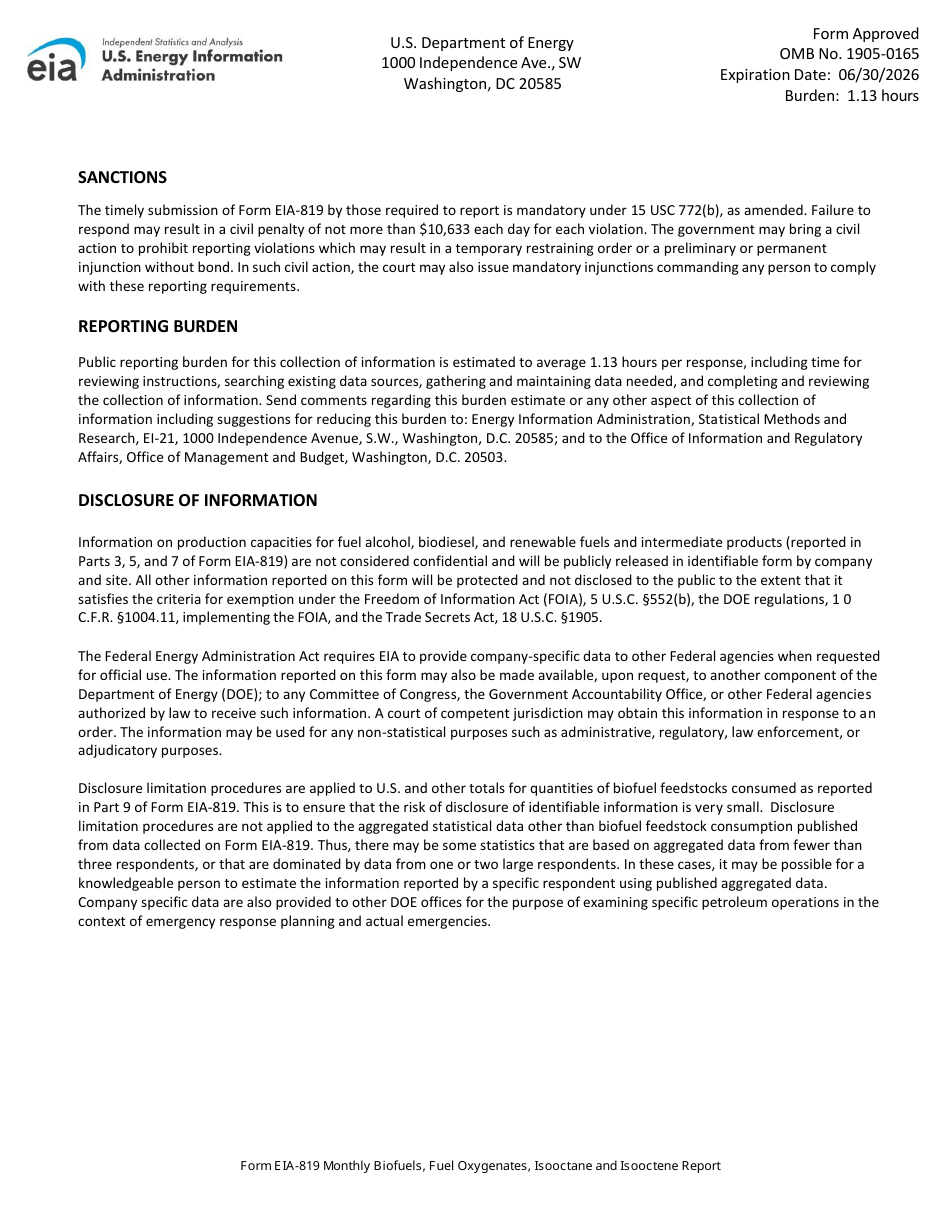 Instructions for Form EIA-819 Monthly Biofuels, Fuel Oxygenates, Isooctane and Isooctene Report, Page 3