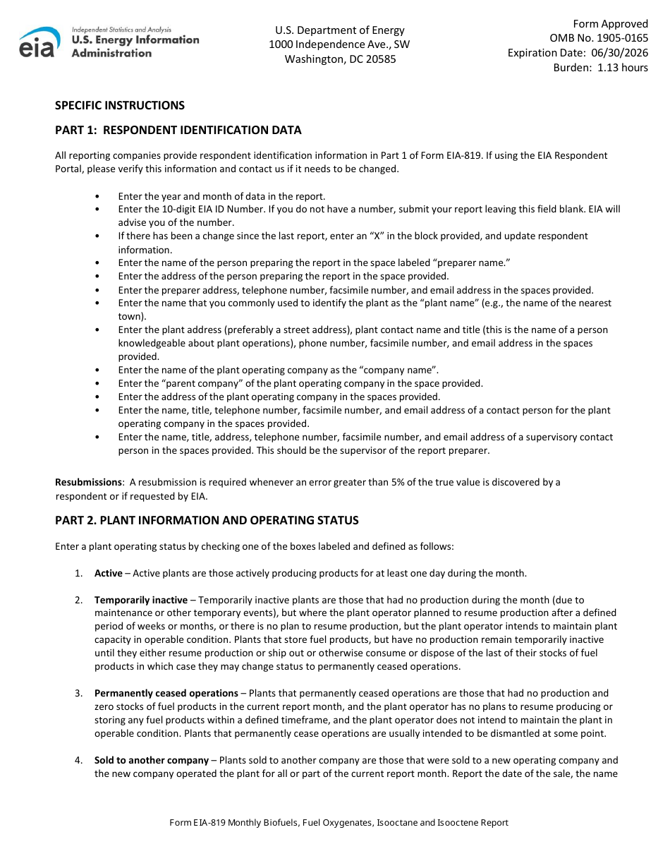 Instructions for Form EIA-819 Monthly Biofuels, Fuel Oxygenates, Isooctane and Isooctene Report, Page 4
